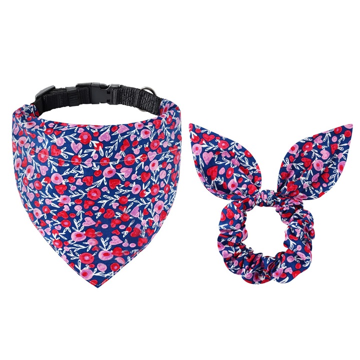 Set de bandane pentru zgarda pentru caini si scrunchie asortate, GOGOU, Marime M, Model de dragoste, Reglabil, Potrivit pentru caini mici si mijlocii