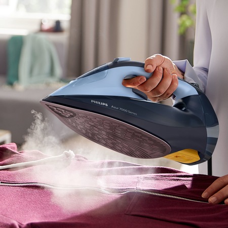 Fier de calcat Philips Azur DST7041/20, 2800W, debit de abur continuu de 50g/min si jet de abur de 250 g, talpa SteamGlide Elite, rezervor de 300ml si sistem de curatare automata cu rezervor integrat pentru calcar, oprire automata de siguranta, albastru