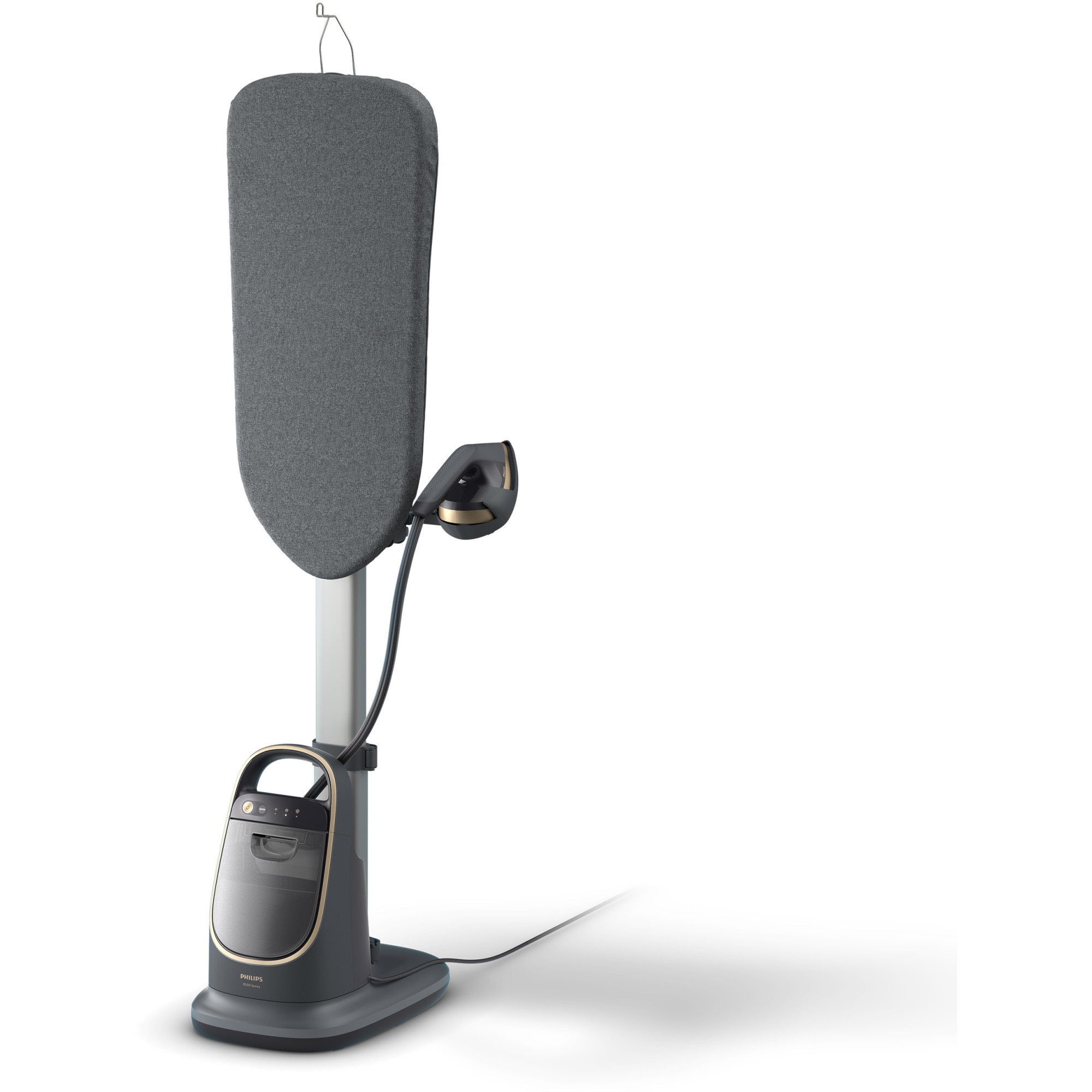 Aparat de calcat vertical Philips all-in-one Seria 8500, 2200W, debit de abur continuu de 90g/min, 6 bari, 2 setari pentru intensitatea aburului (Eco si Max), rezervor de apa detas