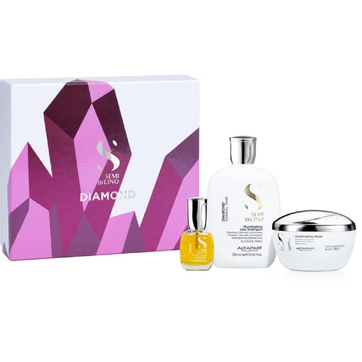 Set pentru par normal, Alfaparf Milano Semi di Lino Diamond Illuminating, sampon 250 ml, balsam 200 ml, ulei 15 ml