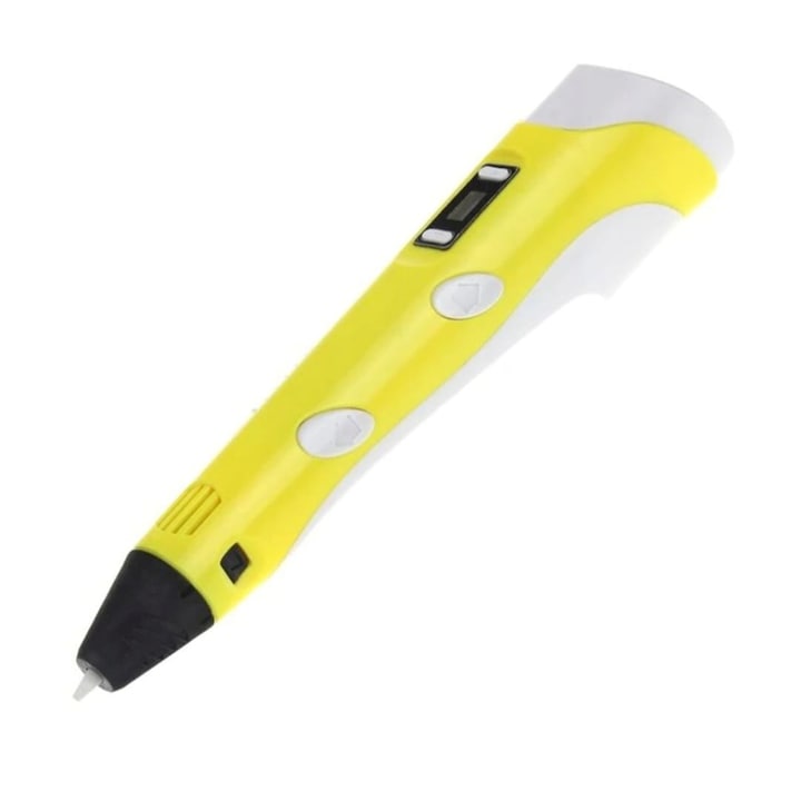 Интелигентна 3D печатна писалка Цифров дисплей писалка, висока температура, 3 X 1,75 мм PLA влакна включени, рисуване, графити, контрол на скоростта, триизмерна рисунка, жълто