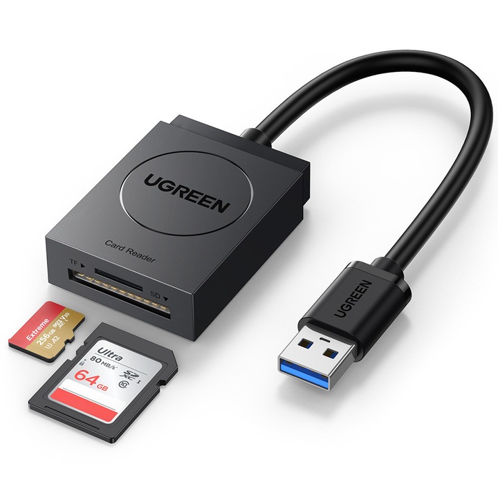 Четец за карти SD Micro SD към USB 3.0 Plug Play 5Gbps 15cm - Ugreen CR127 (20250) - Черен
