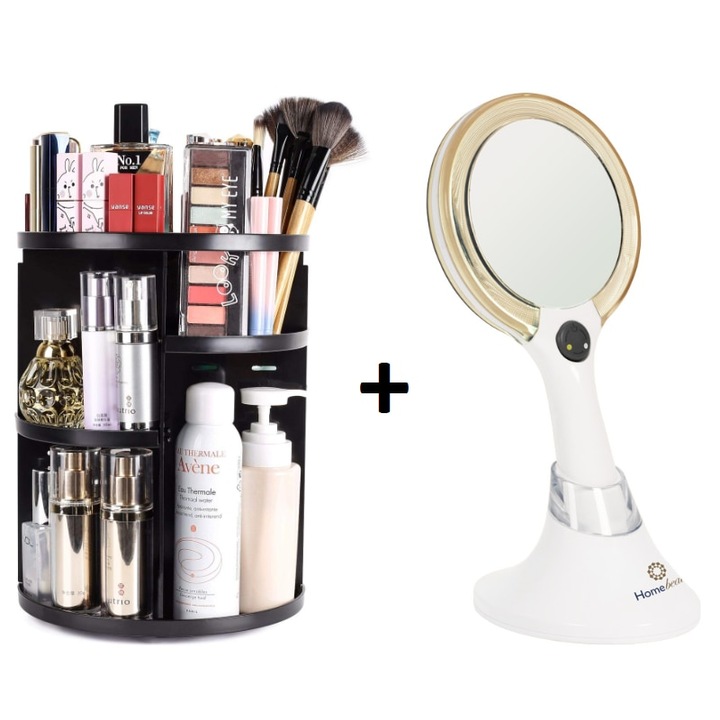 Kit Beauty cu Organizator pentru Produse Cosmetice, Rotativ 360°, Oglinda cu 2 Tipuri de Lumina Led, Marire 5x