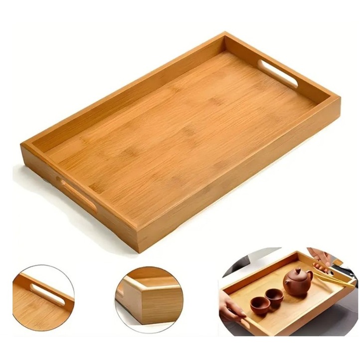 Tava din BAMBUS, adanca, cu manere, Syamag, 38x25x4 cm