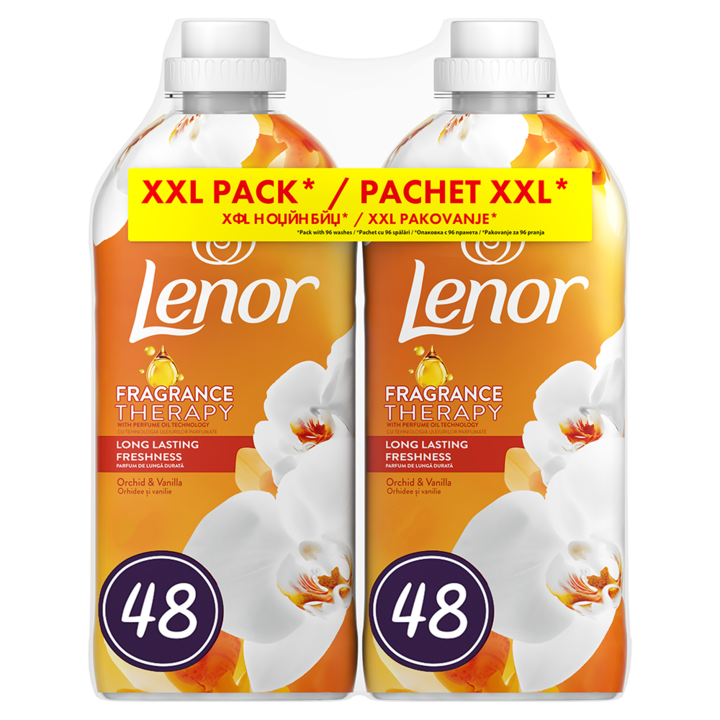 Pachet promo: Balsam de rufe Lenor Fragrance Therapy Orchid & Vanilla, 2 x 48 spalari, 2 x 1.2 L