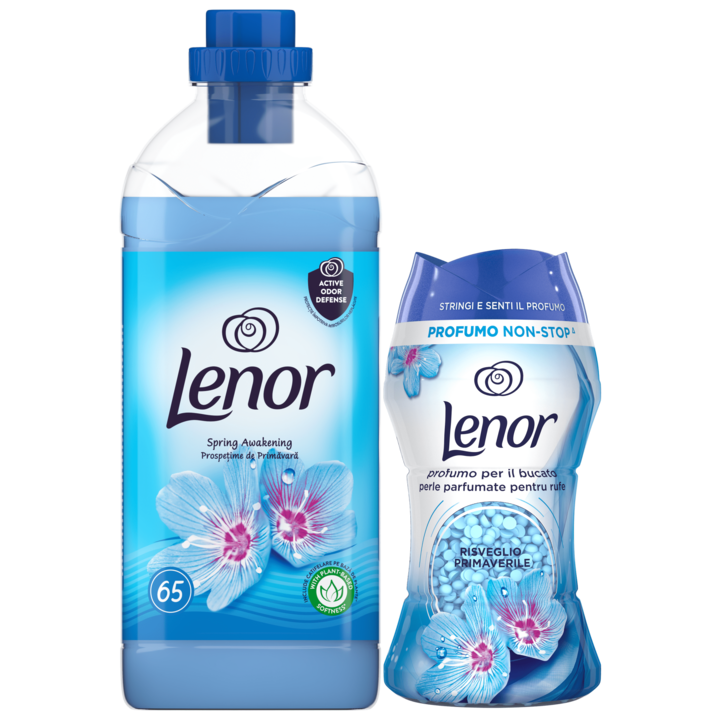 Pachet Balsam de rufe Lenor Spring Awakening, 1.65 L, 65 spalari + Perle Parfumate Lenor Spring Awakening, 140 g