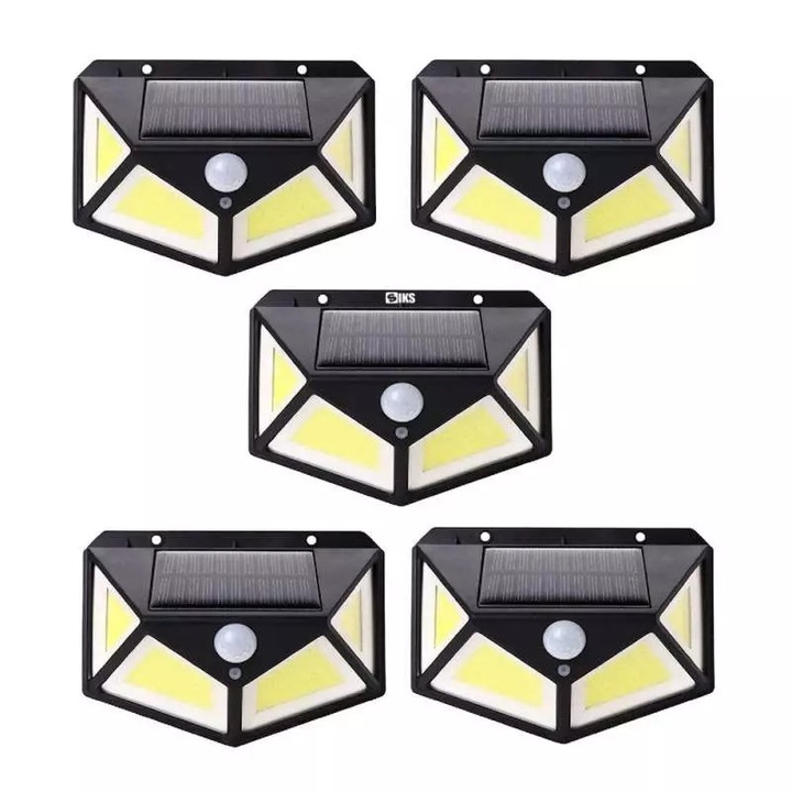 Pachet 5 x Lampa cu Incarcare Solara SIKS, Senzor de Miscare, 3 Moduri de Iluminare, 100 LED, Prindere pe Perete