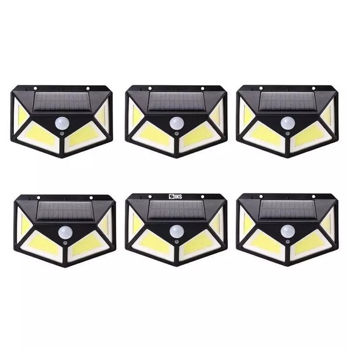Pachet 6 x Lampa cu Incarcare Solara SIKS, Senzor de Miscare, 3 Moduri de Iluminare, 100 LED, Prindere pe Perete