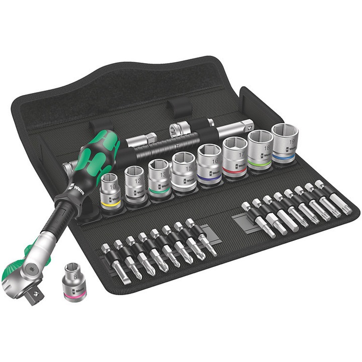 Комплект тресчотки 8100SB 6 Zyklop с гнезда и накрайници, 3/8", 29 части, Wera