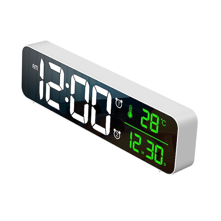 Цифров стенен часовник, BYONDSELF®, LED дисплей, термометър, двойна аларма, 5 нива на яркост, 40 песни, бял