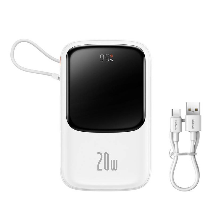 Външна батерия BASEUS - 10 000 mAh, 20W + Lightning, Q pow Pro (PPQD060002), Бяла