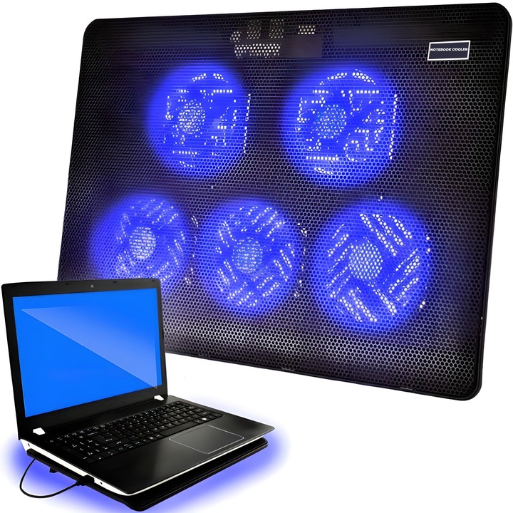Suport laptop 12-17", plastic, 5x 8cm ventilator cu LED albastru, negru