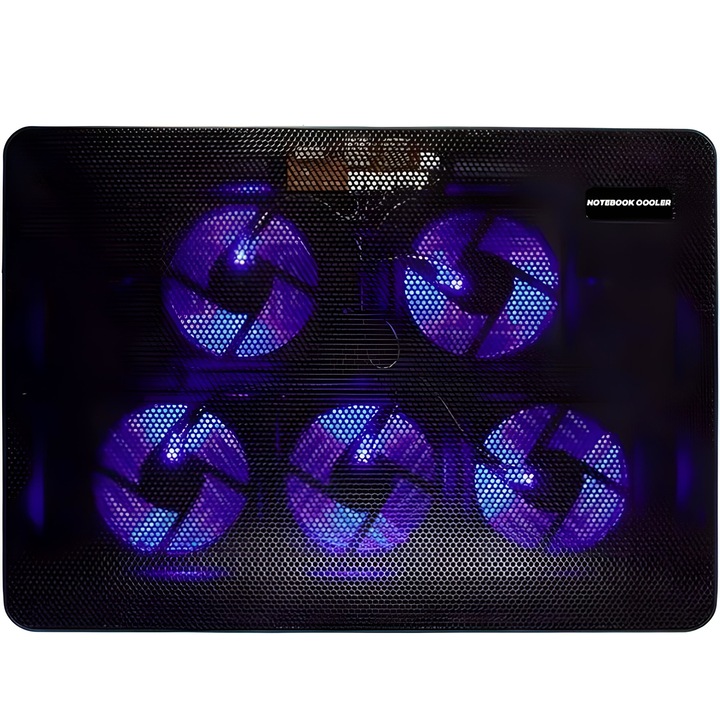 Suport laptop 12-17", plastic, 5x 8cm ventilator cu LED albastru, negru
