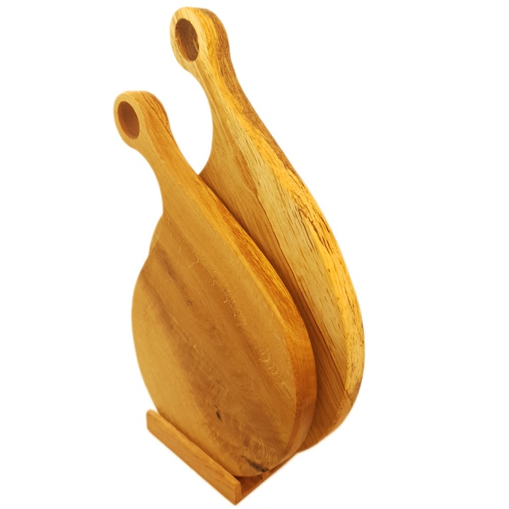 Set de 2 tocatoare de bucatarie Mediu si Mare cu maner si suport din lemn de stejar Romanesc