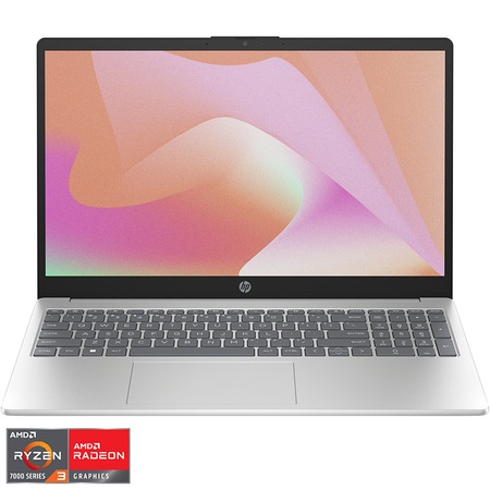 Laptop HP 15-fc0032nq cu procesor AMD Ryzen™ 3 7320U pana la 4.10 GHz, 15.6", Full HD, 8GB DDR5, 256GB SSD, AMD Radeon™ Graphics, Free DOS, Natural Silver