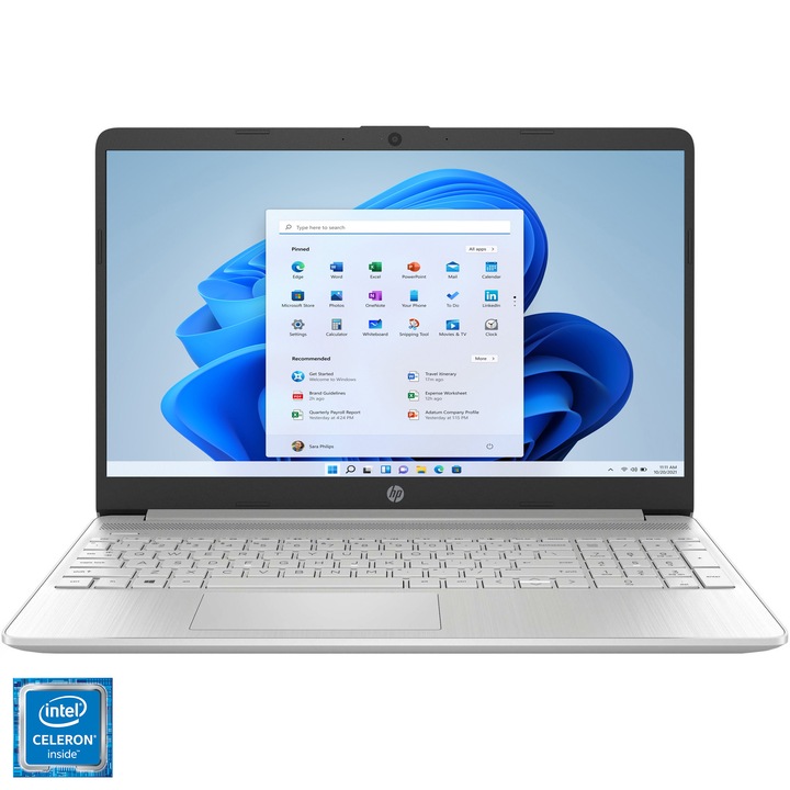 Laptop HP 15s-fq3035nq cu procesor Intel® Celeron® Processor N4500 pana la 2.80 GHz, 15.6", HD, 8GB DDR4, 256GB SSD, Intel® UHD Graphics, Windows 11 Home, Natural Silver