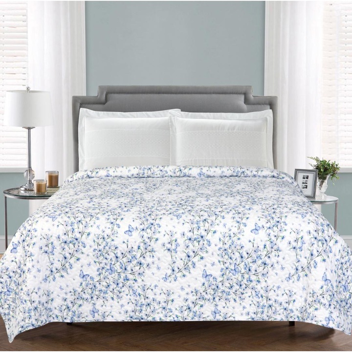 Cuvertura matlasata Vanora, alb floral, king size, 200x220 cm, Zia