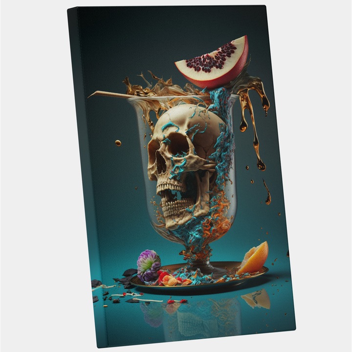 Tablou Canvas Cocktail cu Fructe, Flori si Craniu, Arta si Pictura Digitala, Concept Generat cu Inteligenta Artificiala, AI, IA, 25x40 cm, Multicolor