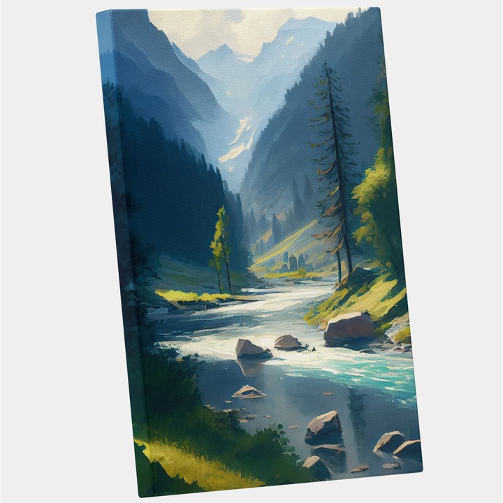 Пейзажна картина на платно, Природен пейзаж, Река, Планина, Художествена и дигитална живопис, Концепция, генерирана с изкуствен интелект, AI, AI, 25x40 cm, Многоцветен