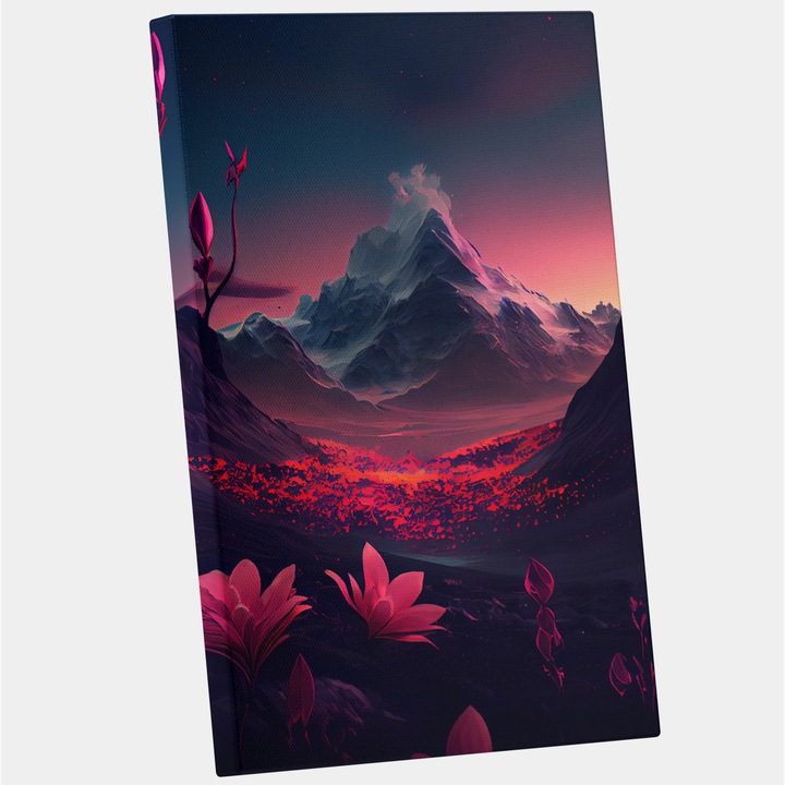 Tablou Canvas Peisaj cu Flori, Munte, Campie, Cer, Sunset, Apus, Modern, Arta si Pictura Digitala, Concept Generat cu Inteligenta Artificiala, AI, IA, 25x40 cm, Multicolor
