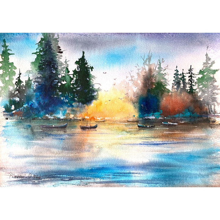 Kézzel festett akvarell festmény, Hobbifestés, Vízfény, 28 x 38 cm