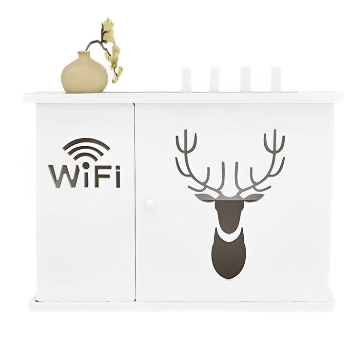 Vezeték nélküli router tartópolc, BYONDSELF®, vezetékek és WI-FI berendezések maszkolására, falra szerelhető, 39cm*27cm, szarvasfej, fehér