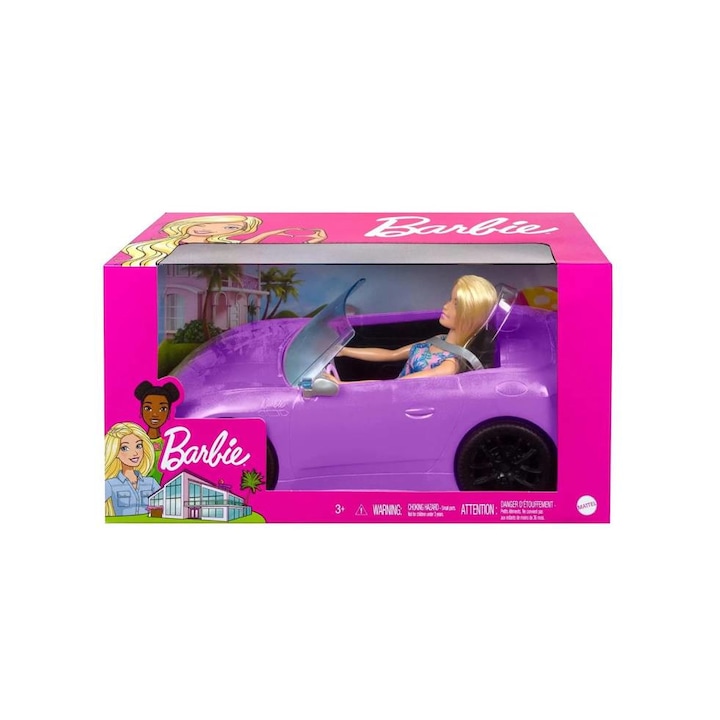 Papusa Barbie cu masinuta cabriolet mov