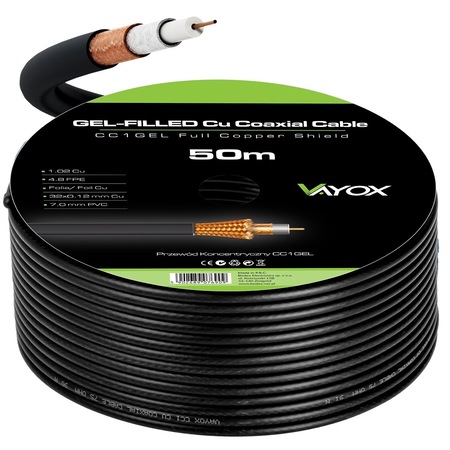 Cablu TV coaxial, Vayox CC1, Cupru, umplut cu gel, 50 m, Negru