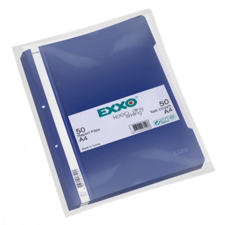 Set 50 Dosare plastic A4 cu sina si perforatii, Exxo, bleumarin