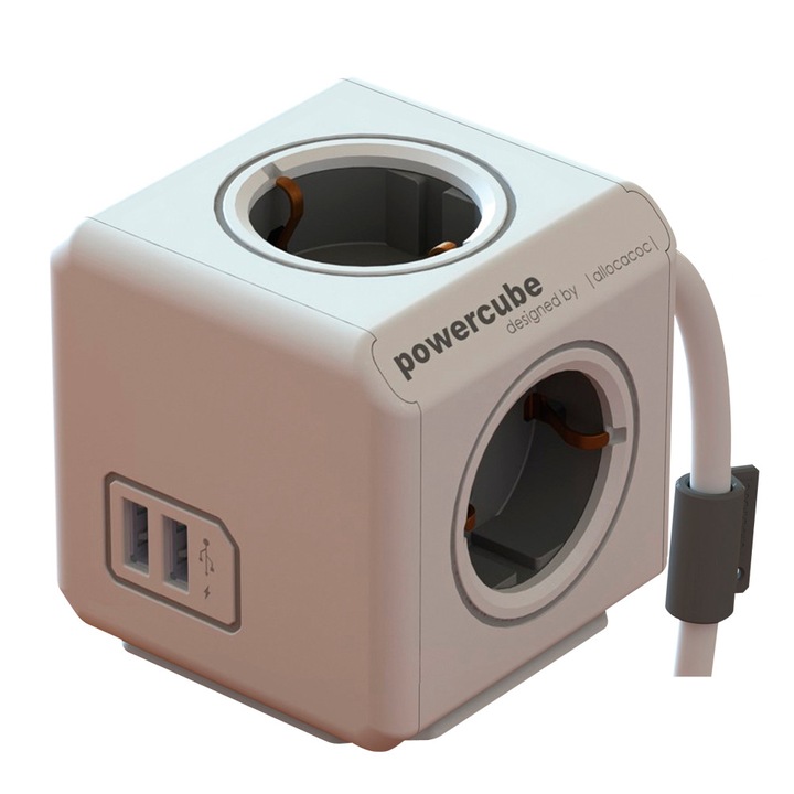 Prelungitor Allocacoc powercube, 4 prize, 2xUSB, 1.5m, Alb