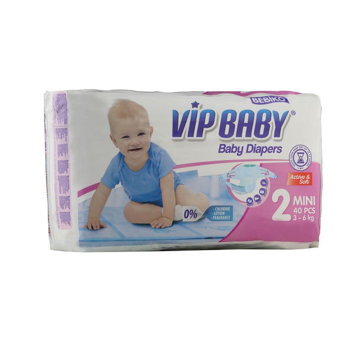 Комплект от 40 памперса, Vip Baby, Целулоза, Бели, 3-6 кг