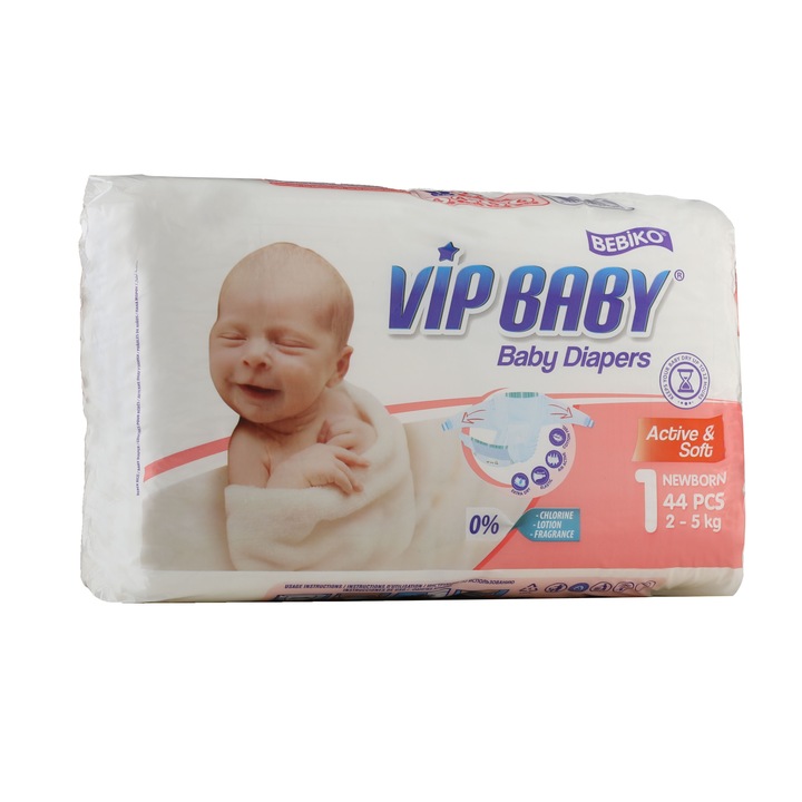 Комплект от 44 памперса, Vip Baby, Целулоза, Бели, 2-5 кг