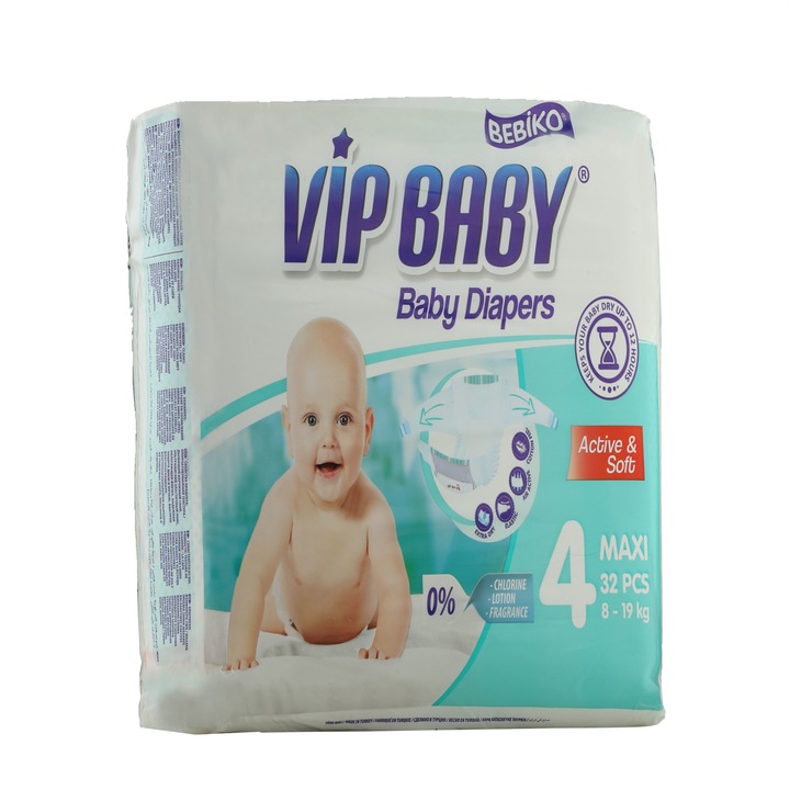Комплект от 32 памперса, Vip Baby, Целулоза, Бели, 8-19 кг