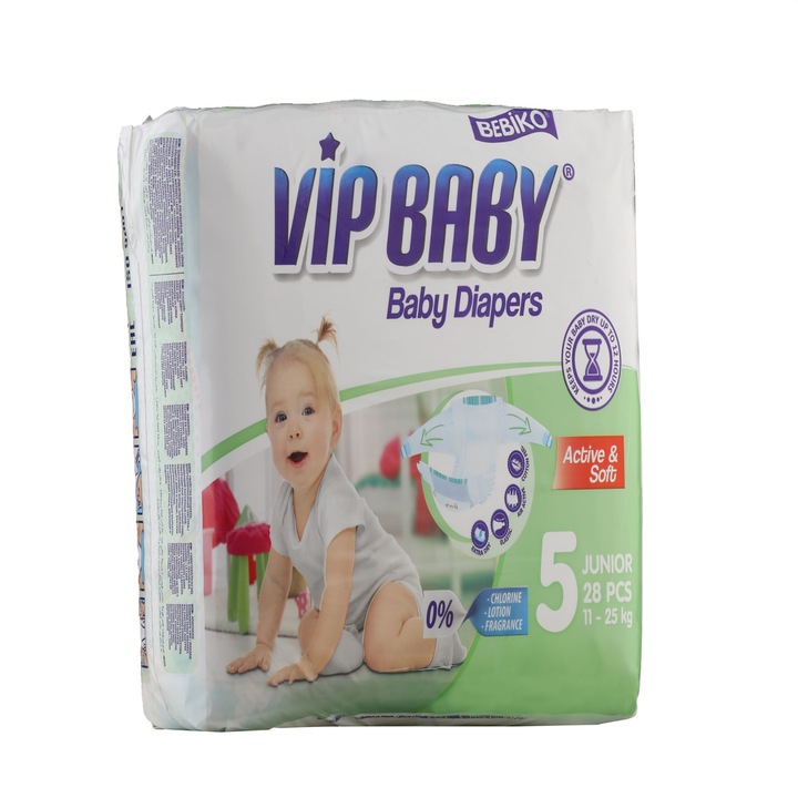 Комплект от 28 памперса, Vip Baby, Целулоза, Бели, 11-25 кг