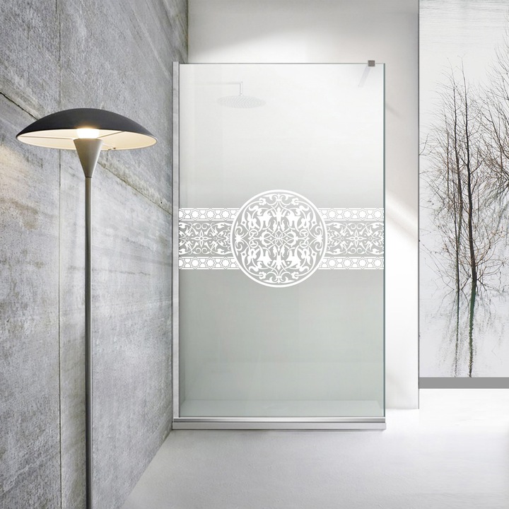 Aqua Roy ® INOX 110x195 cm zuhanyfal, fehér Doha Medalion modell, 8 mm matt biztonsági üveg, vízkő elleni kezeléssel