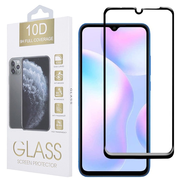 Xiaomi Redmi 9A / 9AT / 9i / 9C kompatibilis üvegfólia, előlapi, 10D, edzett, hajlított, fekete kerettel