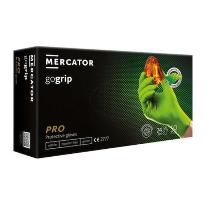 Nitril kesztyű, 50 db, dobozban, Mercator GoGrip / PowerGrip, vastag és ellenálló, vegyszerek elleni védelem, zöld, 2XL méret