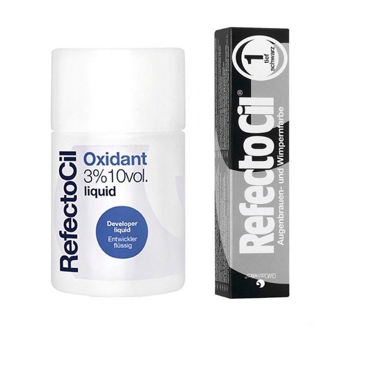 Set Vopsire Gene si Sprancene ce contine Oxidant Lichid cu Vopsea Negru, Refectocil 115 ml