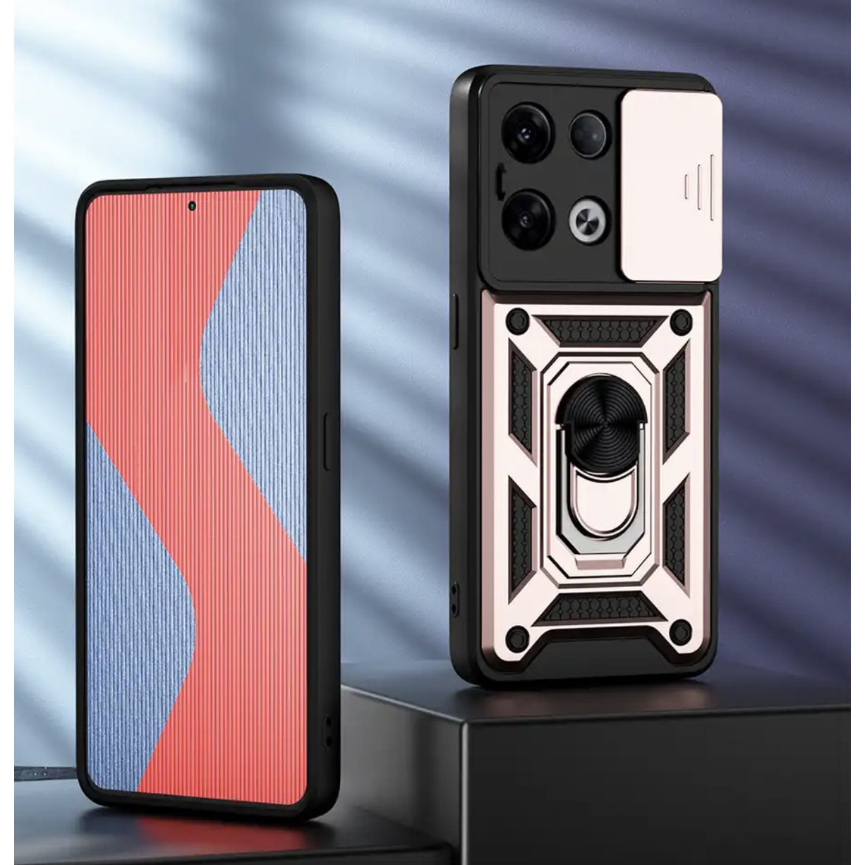 Husa ARMOR antisoc model HYBRID cu inel, protectie glisanta si placuta metalica, compatibila cu Oppo Reno8 / Reno 8 5G / Roz