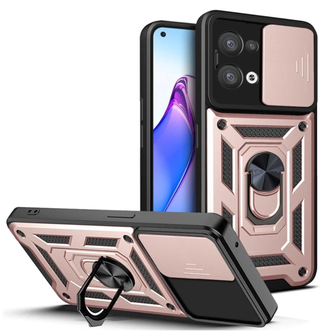 Husa ARMOR antisoc model HYBRID cu inel, protectie glisanta si placuta metalica, compatibila cu Oppo Reno8 / Reno 8 5G / Roz