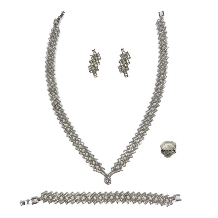 Set pentru mirese colier, bratara, cercei si inel, zirconiu, argintiu 08