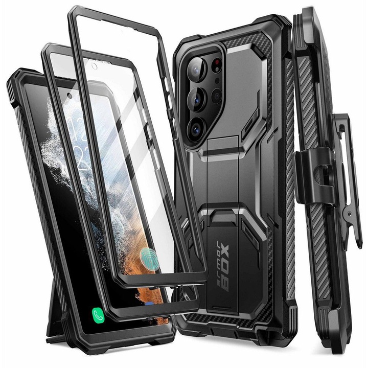 Husa de protectie 360 cu folie pentru ecran compatibila cu Samsung Galaxy S23 Ultra, ArmorBox, Policarbonat, Negru