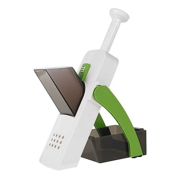 Dispozitiv de feliat, tocat si maruntit, pentru legume si fructe, cu peste 20 de taieturi, alb/verde
