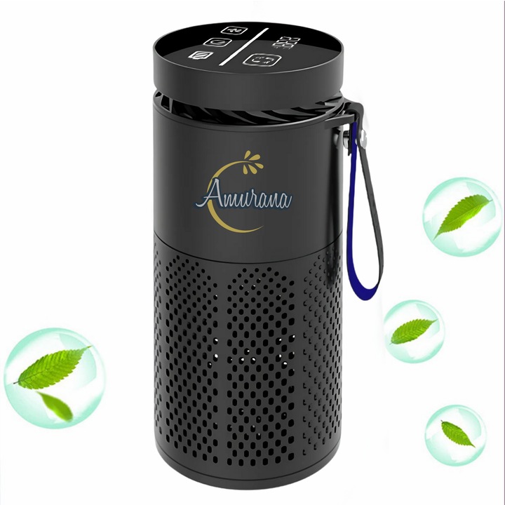 Purificator aer auto portabil, Amurana, Filtru HEPA, Carbune activ, Retine particulele 2.5 PM, Ionizare negativa, Touch screen LED, 3 trepte filtrare, Afisaj temperatura, Elimina mirosurile, Polenul, Fumul, Praful, Acoperire 10m2, USB C, Negru