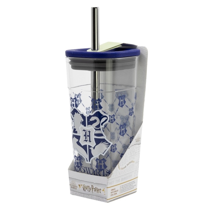Пластмасова чаша тип чаша със сламка и капак от неръждаема стомана, 540 мл, Хари Потър