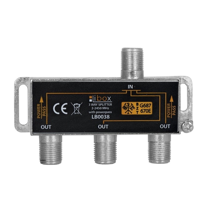 Splitter TV profesional, PowerPass, 1 intrare - 3 iesiri, 5-2450 Mhz, Libox, LB0038