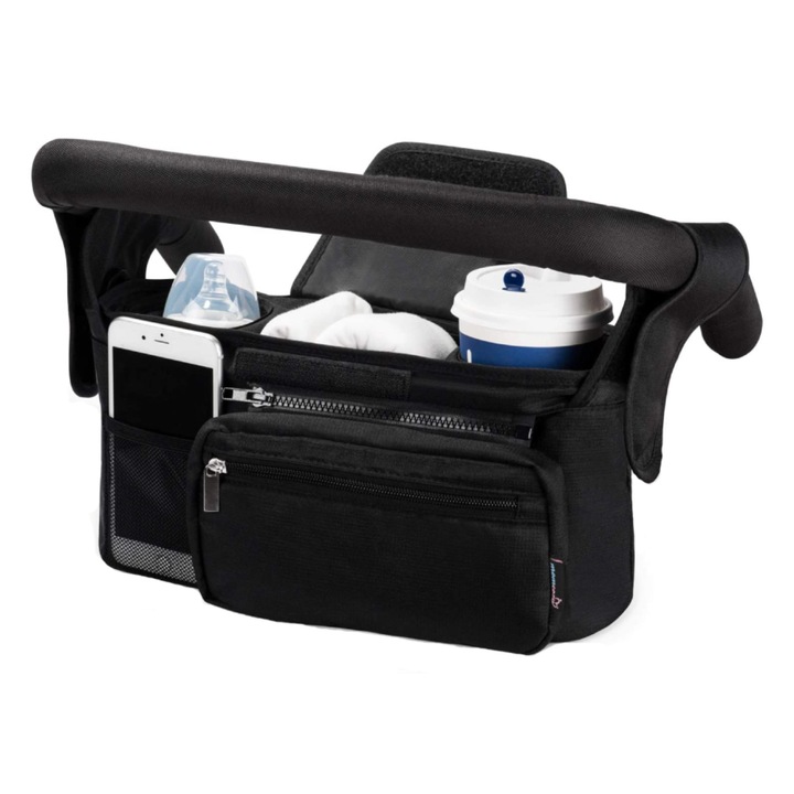 Organizator carucior BRAGUS®, compartimentat, prindere universala, buzunar pentru telefon, 2 compartimente biberon, anti-alunecare, material rezistent, usor de curatat, negru