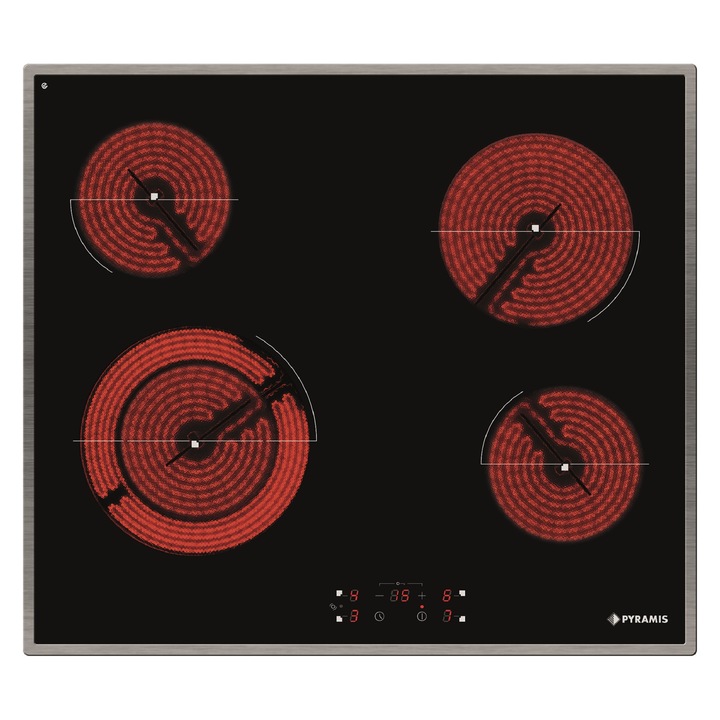 Plita electrica Pyramis PHC61430IFB, Black, 4 zone de gatit, 9 trepte de putere, Touch Control, Timer, OSD, Sticla neagra si Inox