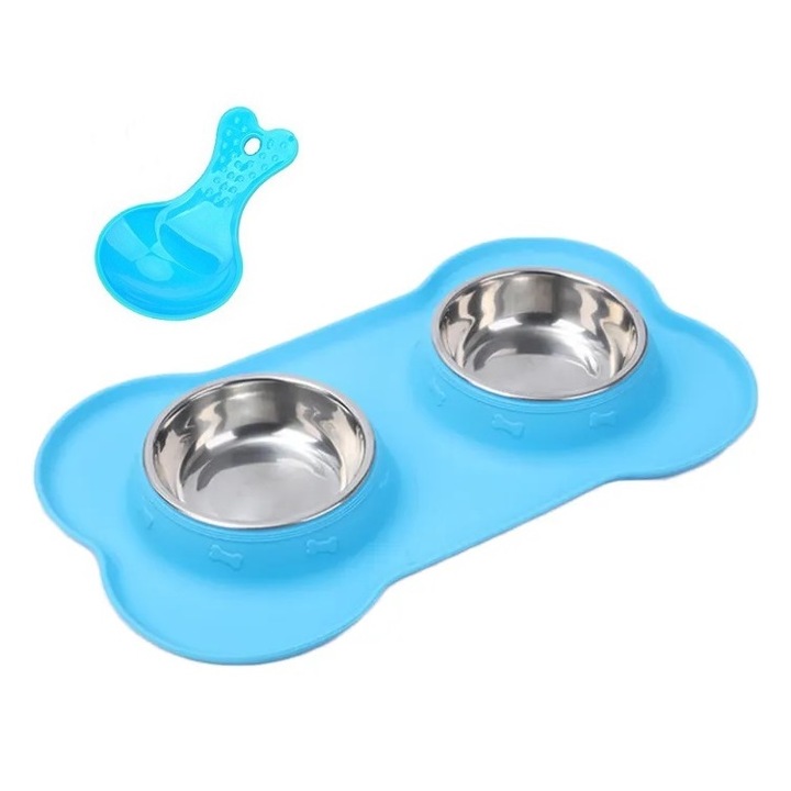 Bol pentru mancare si apa, cu covoras din silicon, antiderapant, si lingurita pentru hranire, S, Turcoaz