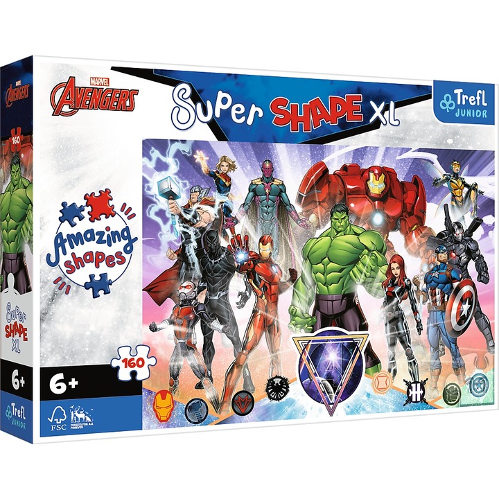 Пъзел Trefl Junior Super Shape XL, Marvel Avengers, Brave warriors, 160 части